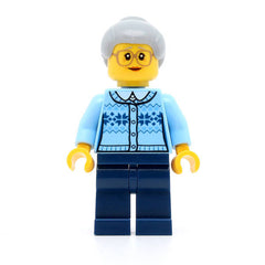 LEGO hol106 - Grandmother (Fair Isle Sweater, Light Bluish Gray Hair with Top Knot Bun, Dark Blue Legs, Glasses)