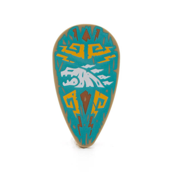 Farbenfrohe LEGO Schilder mit verschiedenen Symbolen und Designs, die kreativ und spielerisch gestaltet sind. Kaufe jetztLEGO 2586pb009 - Shield Ovoid (White Dragon Head on Dark Turquoise Background Pattern, Dark Tan)