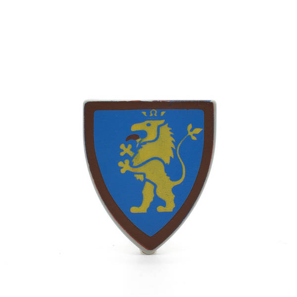 Farbenfrohe LEGO Schilder mit verschiedenen Symbolen und Designs, die kreativ und spielerisch gestaltet sind. Kaufe jetztLEGO 3846p4h - Shield Triangular (Lion Standing Yellow, Blue Background Pattern, Light Gray)