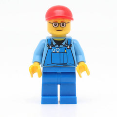 LEGO trn227 - (Overalls with Tools in Pocket, Blue Legs, Red Short Bill Cap, Glasses with Brown Thin Eyebrows)