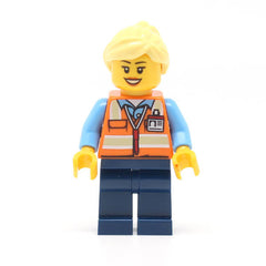 LEGO trn245 - Train Worker (Female, Orange Safety Vest with Badge, Dark Blue Legs)