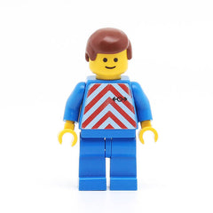 LEGO trn047 - Railway Employee (Red & White Stripes, Blue Legs, Brown Male Hair)