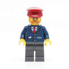 LEGO trn148 - (Dark Blue Suit with Train Logo, Dark Bluish Gray Legs, Dark Red Hat)