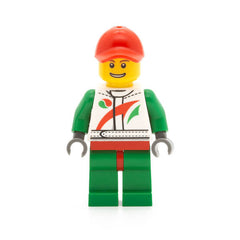 LEGO cty0390 - Race Car Mechanic (White Race Suit with Octan Logo, Red Cap with Hole, Brown Eyebrows, Thin Grin with Teeth)