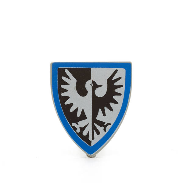 Farbenfrohe LEGO Schilder mit verschiedenen Symbolen und Designs, die kreativ und spielerisch gestaltet sind. Kaufe jetztLEGO 3846px9 - Shield Triangular (Black Falcon and Blue Border Pattern, Light Gray)