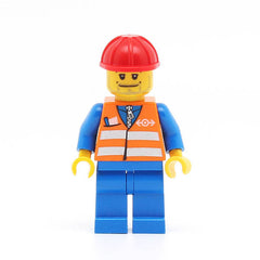 LEGO trn002 - Construction Worker (Orange Vest with Safety Stripes - Blue Legs, Beard Stubble, Red Construction Helmet)