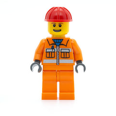 LEGO cty0034 - Construction Worker (Orange Zipper, Safety Stripes, Orange Arms, Orange Legs, Red Construction Helmet, Eyebrows, Thin Grin with Teeth)