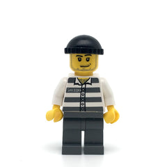 LEGO cty0200 - Police(Jail Prisoner 50380 Prison Stripes, Dark Bluish Gray Legs, Black Knit Cap, Smirk and Stubble Beard)