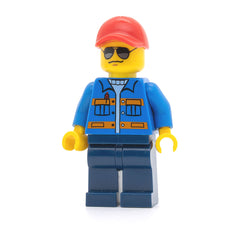 LEGO cty0500 - Blue Jacket with Pockets and Orange Stripes, Dark Blue Legs, Red Cap with Hole, Sunglasses, NO Back Print