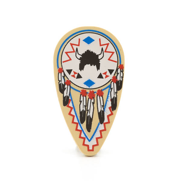 Farbenfrohe LEGO Schilder mit verschiedenen Symbolen und Designs, die kreativ und spielerisch gestaltet sind. Kaufe jetztLEGO 2586pw1 - Shield Ovoid (Feathers and Helmet Pattern, Tan)