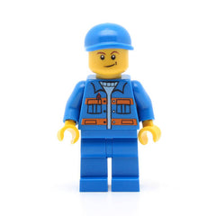LEGO cty0258 - (Blue Jacket with Pockets and Orange Stripes, Blue Legs, Blue Short Bill Cap, Crooked Smile)