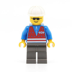 LEGO trn058 - Red Vest and Zipper - Dark Gray Legs, White Construction Helmet, Sunglasses