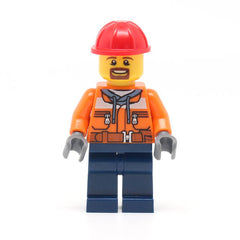 LEGO trn242 - Forklift Driver (Chest Pocket Zippers, Belt over Dark Gray Hoodie, Dark Blue Legs, Red Construction Helmet, Brown Beard)
