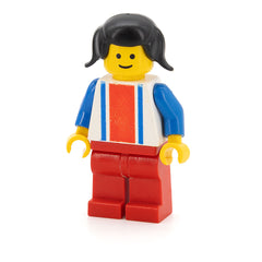 LEGO ver010 - Vertical Lines Red & Blue - Blue Arms - Red Legs, Black Pigtails Hair