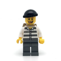 LEGO cty0217 - Police (Jail Prisoner 50380 Prison Stripes, Dark Bluish Gray Legs, Black Knit Cap, Missing Tooth, Backpack)