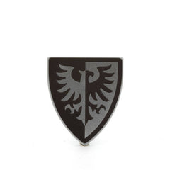 Farbenfrohe LEGO Schilder mit verschiedenen Symbolen und Designs, die kreativ und spielerisch gestaltet sind. Kaufe jetztLEGO 3846pb055 - Shield Triangular (Black and Silver Falcon with Black Border Pattern, Light Bluish Gray)