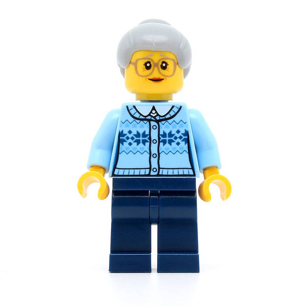 LEGO hol106 - Grandmother (Fair Isle Sweater, Light Bluish Gray Hair with Top Knot Bun, Dark Blue Legs, Glasses)