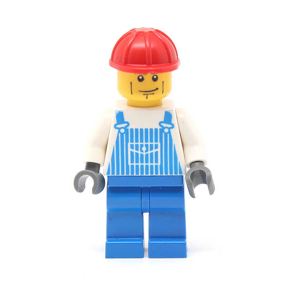 LEGO ovr031 - Overalls Striped Blue with Pocket, Blue Legs, Red Construction Helmet, Cheek Lines, Dark Bluish Gray