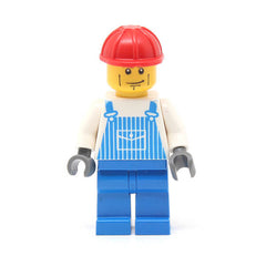 LEGO ovr031 - Overalls Striped Blue with Pocket, Blue Legs, Red Construction Helmet, Cheek Lines, Dark Bluish Gray
