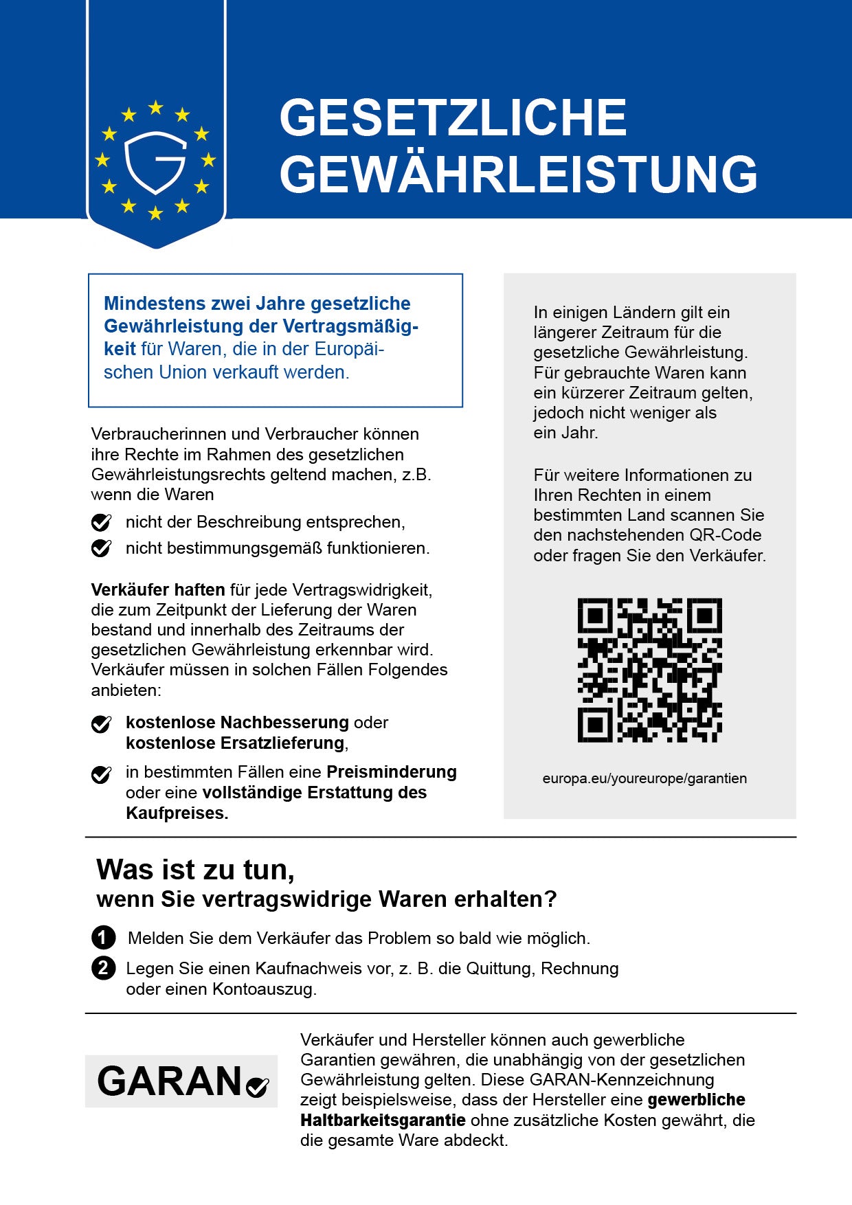 Gesetzliche Gewährleistung: Mindestens zwei Jahre gesetzliche Gewährleistung der Vertragsmäßigkeit