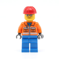 LEGO cty0110 - Construction Worker (Orange Zipper, Safety Stripes, Orange Arms, Blue Legs, Red Construction Helmet, Brown Eyebrows, Glasses)