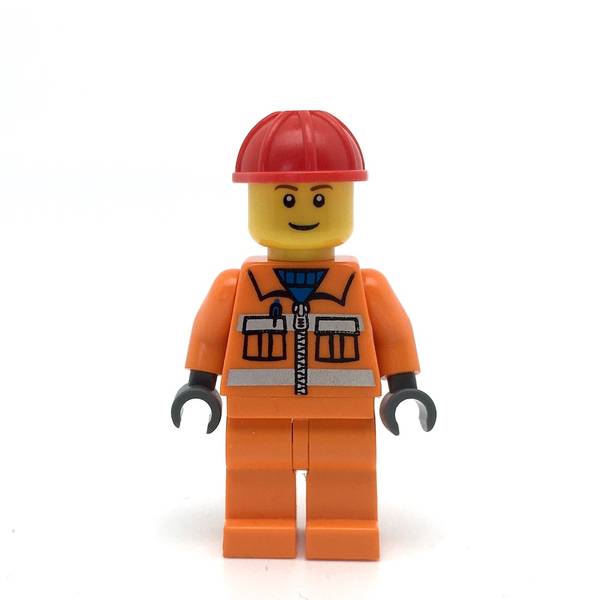 LEGO cty0031 - Construction Worker (Orange Zipper, Safety Stripes, Orange Arms, Orange Legs, Red Construction Helmet, Brown Eyebrows, Thin Grin)