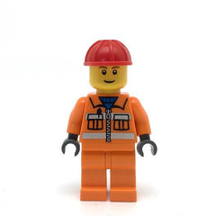 LEGO cty0031 - Construction Worker (Orange Zipper, Safety Stripes, Orange Arms, Orange Legs, Red Construction Helmet, Brown Eyebrows, Thin Grin)
