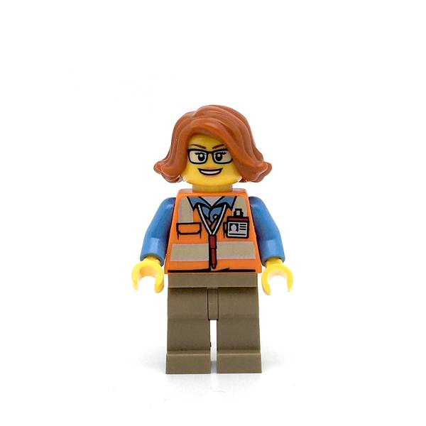 LEGO cty0801 -Cargo Office Worker (Orange Safety Vest with Reflective Stripes, Dark Tan Legs, Dark Orange Female Hair Short Swept Sideways, Glasses)