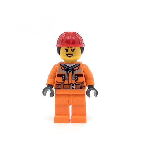 LEGO cty0528 -Construction Worker (Chest Pocket Zippers, Belt over Dark Gray Hoodie, Red Construction Helmet with Long Hair, Black Eyebrows)