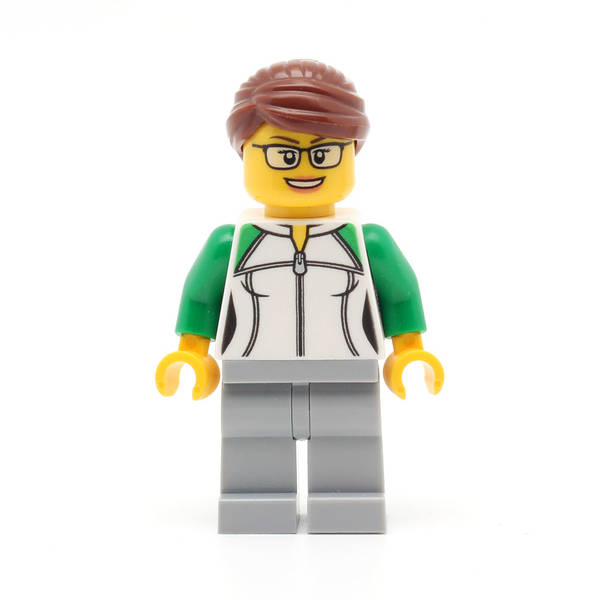 LEGO cty0784 -City Newsstand Worker (Female Outline Sweatshirt with Zipper, Light Bluish Gray Legs, Reddish Brown Hair with Bun, Glasses)