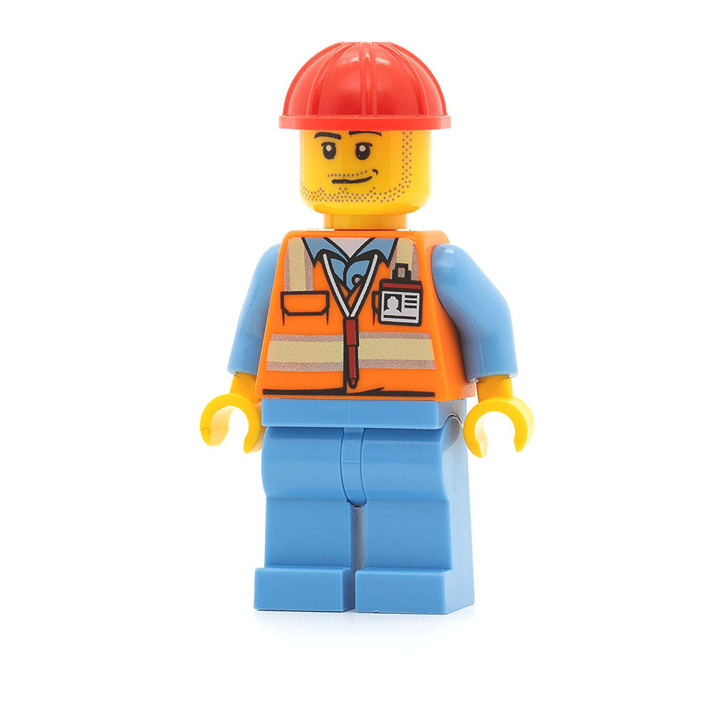 LEGO air050 - Worker (Orange Safety Vest with Reflective Stripes, Medium Blue Legs, Red Construction Helmet, Smirk and Stubble Beard)