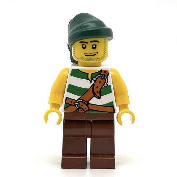 LEGO pi094 - Pirate (Green / White Stripes, Reddish Brown Legs, Dark Green Bandana, Smirk and Stubble Beard)