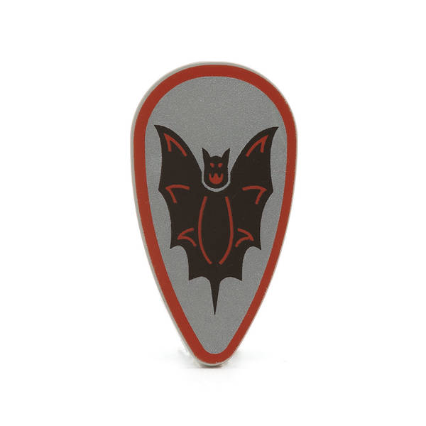 Farbenfrohe LEGO Schilder mit verschiedenen Symbolen und Designs, die kreativ und spielerisch gestaltet sind. Kaufe jetztLEGO 2586p4f - Shield Ovoid (Black and Red Bat on Silver Background Pattern, Light Gray)