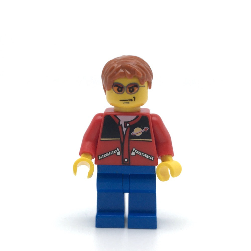 LEGO cty0308 - (Red Jacket with Zipper Pockets and Classic Space Logo, Blue Legs, Dark Orange Short Tousled Hair, Orange Sunglasses)