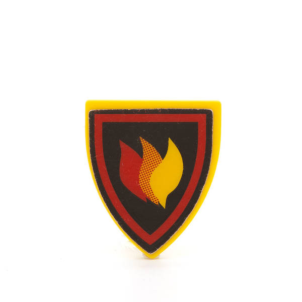 Farbenfrohe LEGO Schilder mit verschiedenen Symbolen und Designs, die kreativ und spielerisch gestaltet sind. Kaufe jetztLEGO 3846pb025 - Shield Triangular (Fire Logo Pattern, Yellow)