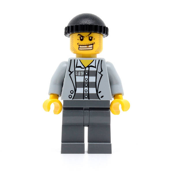 LEGO cty0206 - Police (Jail Prisoner Jacket over Prison Stripes, Dark Bluish Gray Legs, Black Knit Cap, Gold Tooth)