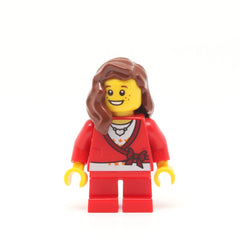 LEGO hol031 - Girl (Sweater Cropped with Bow, Heart Necklace, Red Short Legs, Reddish Brown Female Hair over Shoulder)