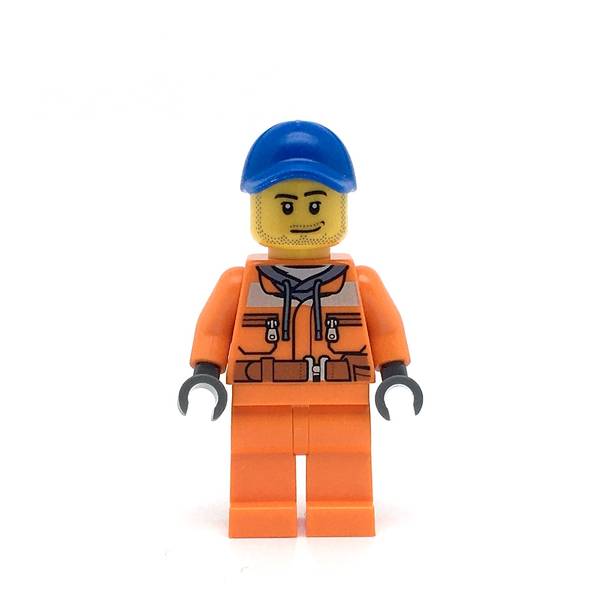 LEGO cty0674 -Tow Truck Driver (Orange Chest Pocket Zippers, Belt over Dark Gray Hoodie, Orange Legs, Blue Cap with Hole)
