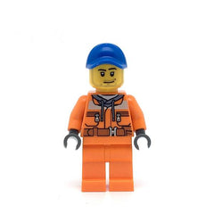LEGO cty0674 -Tow Truck Driver (Orange Chest Pocket Zippers, Belt over Dark Gray Hoodie, Orange Legs, Blue Cap with Hole)
