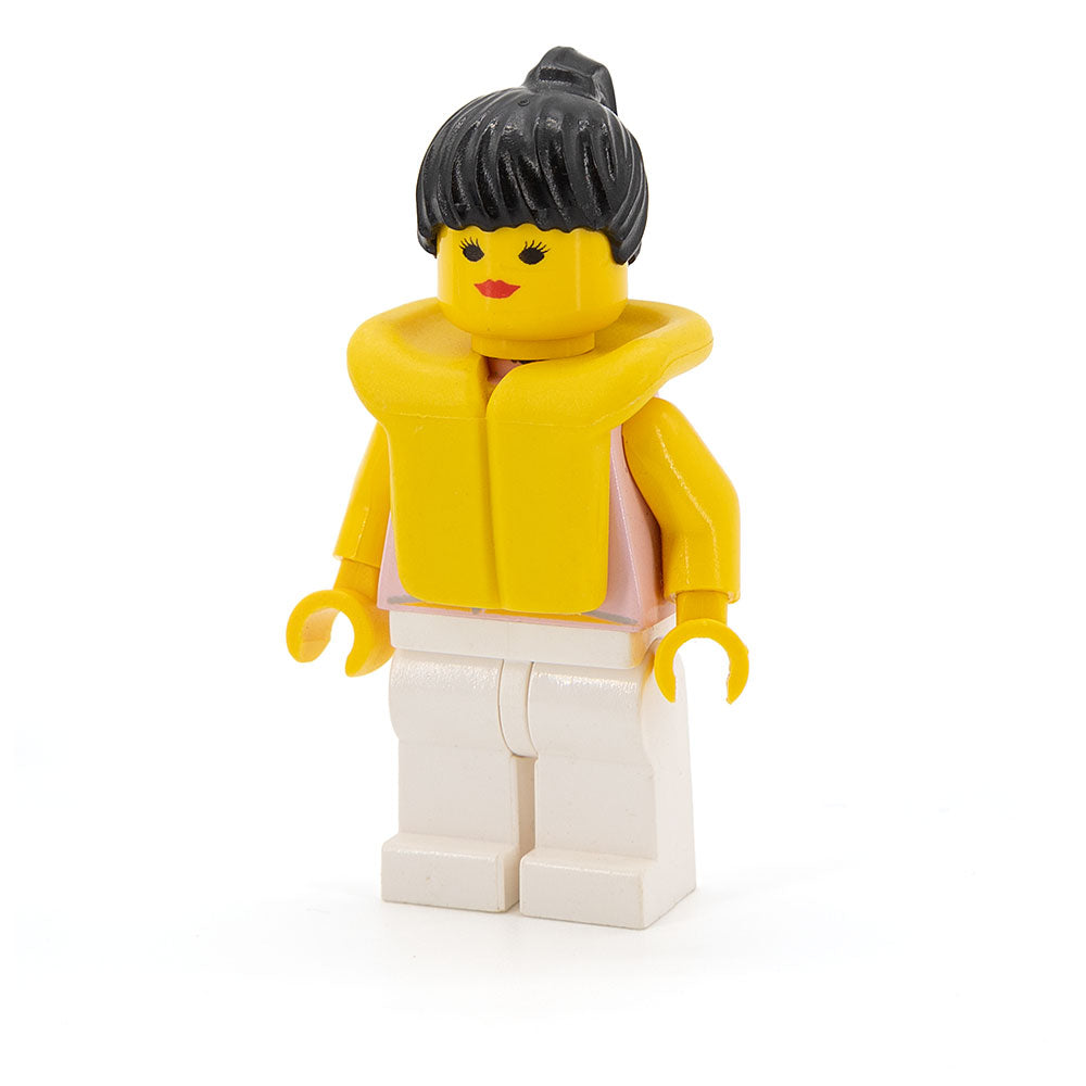 LEGO par053 - Blue Flowers - White Legs, Black Ponytail Hair, Life Jacket