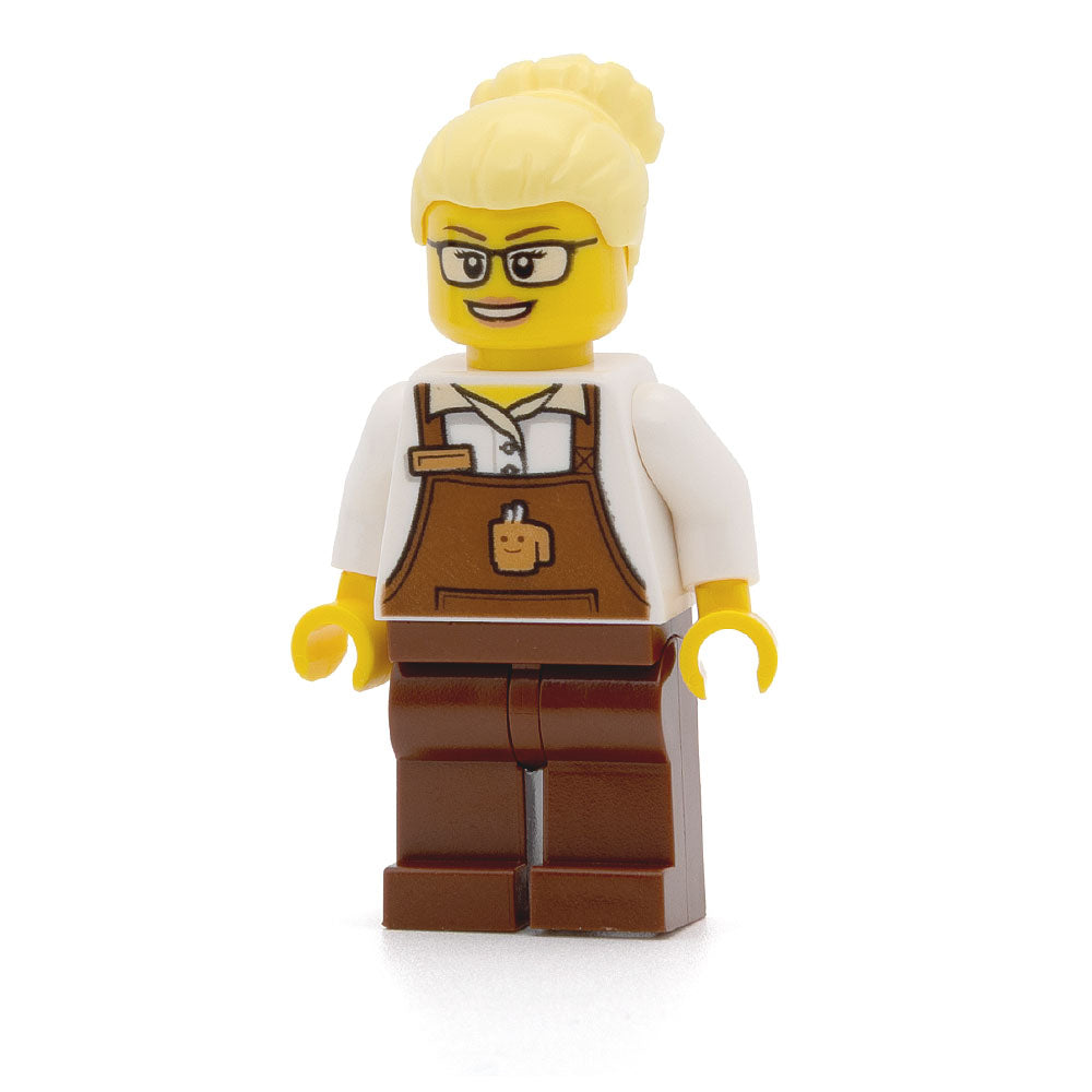 LEGO trn249 - Barista (Female, Reddish Brown Apron with Cup and Name Tag, Reddish Brown Legs, Bright Light Yellow Hair, Glasses)