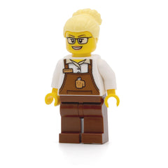 LEGO trn249 - Barista (Female, Reddish Brown Apron with Cup and Name Tag, Reddish Brown Legs, Bright Light Yellow Hair, Glasses)