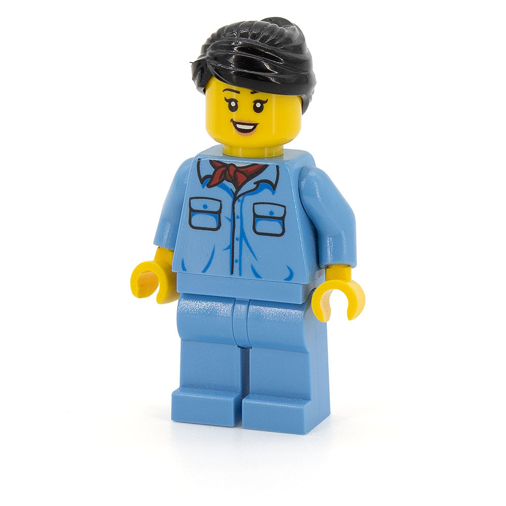 LEGO trn253 - Train Worker Female (Black Hair, Medium Blue Shirt with Red Bandana, Medium Blue Legs)