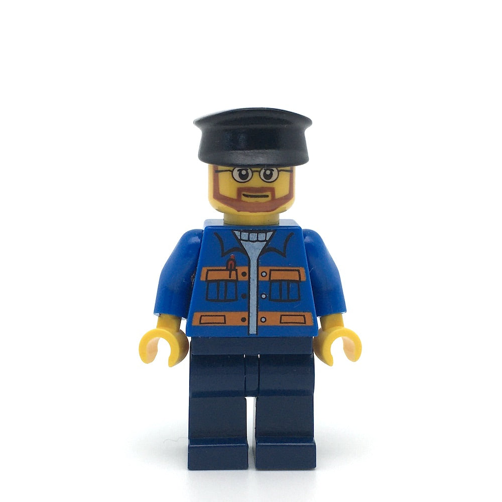 LEGO twn124 - Blue Jacket with Pockets and Orange Stripes, Dark Blue Legs, Black Hat