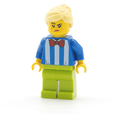 LEGO twn414 - Fairground Worker (Female, White Stripes and Red Bow Tie, Lime Legs, Bright Light Yellow Hair)