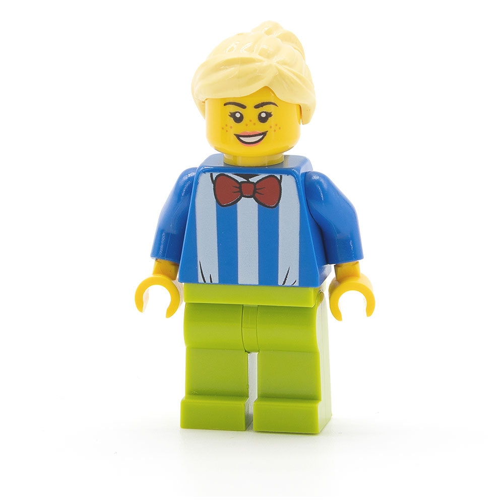 LEGO twn414 - Fairground Worker (Female, White Stripes and Red Bow Tie, Lime Legs, Bright Light Yellow Hair)