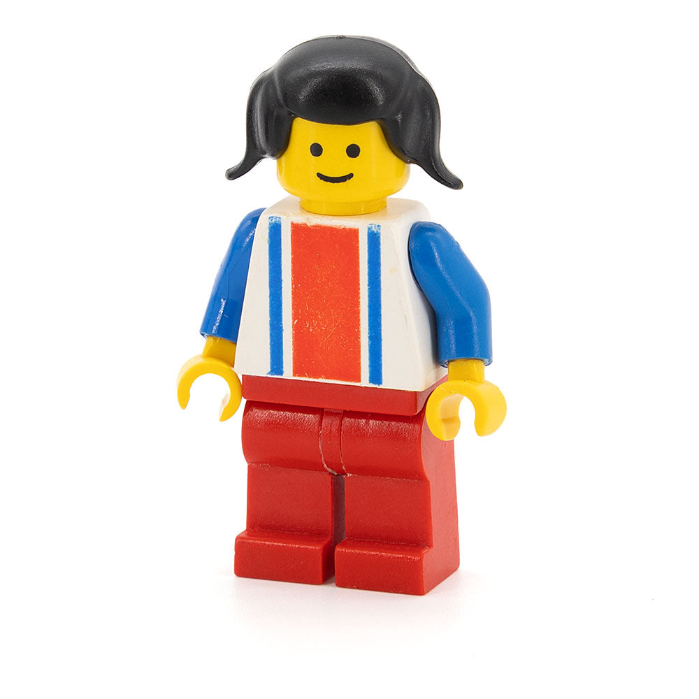 LEGO ver010 - Vertical Lines Red & Blue - Blue Arms - Red Legs, Black Pigtails Hair